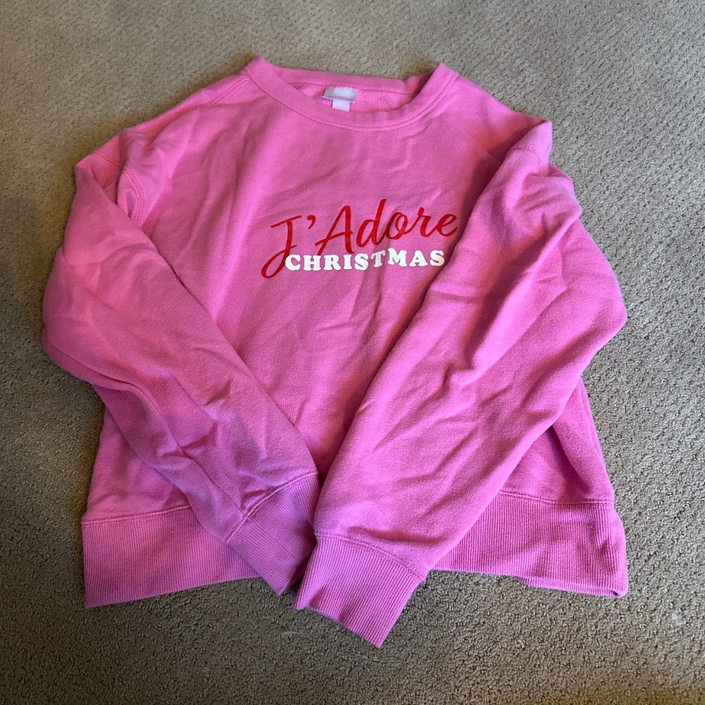J’ADORE CHRISTMAS pink crew neck, size small woman’s.